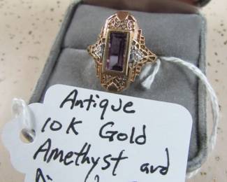 Antique 10K Gold Amethyst & Diamond Ring