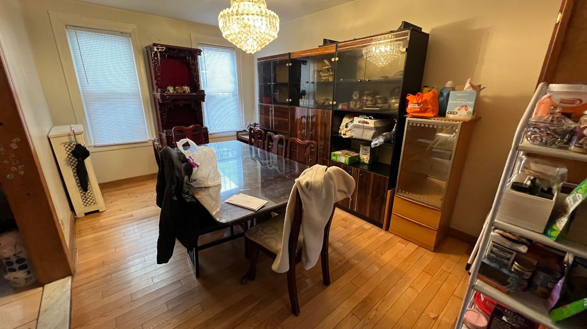 Dining table and chairs. Display cabinets 