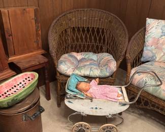 Two old Medicine Cabinets Copper Kettle old doll buggy with doll
