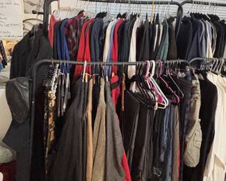 Men's clothing, good quality like Wranglers, tee shirts, button downs, suits and jackets.