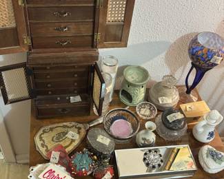 misc. trinkets, beautiful vintage hand mirror, jewelry holders, etc.