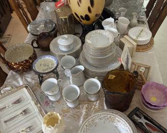vintage dishes, silverware, plates, vases, etc.