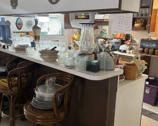 wicker swivel stools (3) and a variety of retro + other kitchen goods)