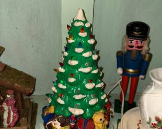 Vintage porcelain Christmas tree with light up ornaments.
