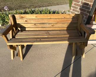 Pine bench that folds into a picnic table! Very Cool!