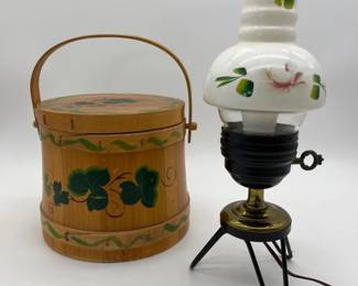 14 VintageLampandWoodenDecorativePantedStorageBucketwithLid