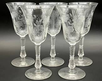 108 Setof5LibbeyRockSharpeEtchedWaterGobletswithElaborateStems