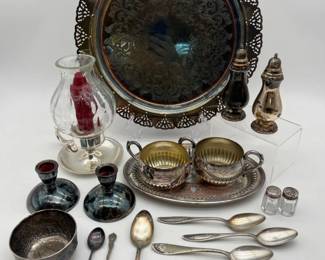 105 SilverPlateLotFeaturingSaltPepperShakersUtensils