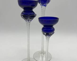 63 CobaltBlueandClearArtGlassCandleHolders