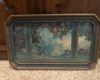 Original vintage lithograph of Maxfield Parish, including the original sticker on the back,  of daybreak,  in excellent condition, dark, deep, blues, and reds in original frame