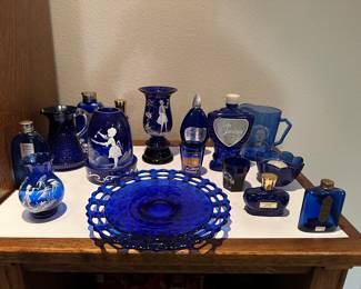 Cobalt blue glass, including white hand, painted decoration