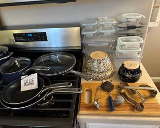 Glass refrigerator Holders, blue, sapphire pots and pans set