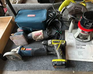 Ryobi sander and craftsman router and Ryobi hand saw plus Ryobi circular saw