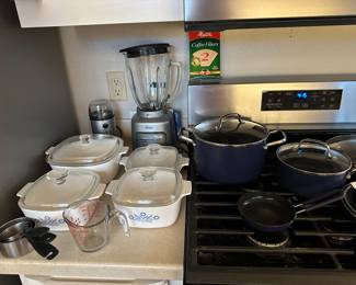 Corning ware Covered baking casserole dishes, coffee or herb grinder, Oster blender
