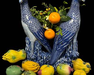 Pair of Blue & White Ceramic Birds and a Collection of Temple Fruit