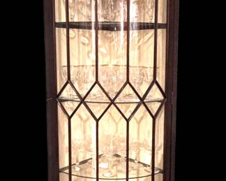 English Bow Front Corner Cabinet on Feet with Interior Glass Shelves