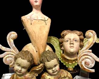 a Large Group of Antique Hand Carved European Religious Figures from the 18th & 19th Century