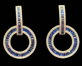Pair of Drop Earrings with Blue Sapphires & Diamonds in Hoop Design