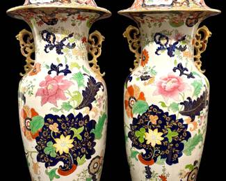 Palatial Mason's Ironstone Lidded Jars, 39" tall