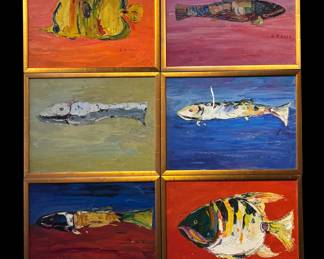 Six Framed Oil Paintings of Fish, Signed