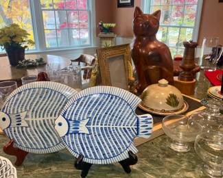 Ceramic, Painted Fish, Heavy carved Cat, kitchenware