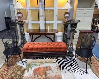 Marble Pedestals, Arthur Brett & sons Storage Bench, Peacock Chairs, Lamps & Plant Stands