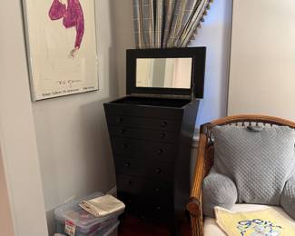 Jewelry Chest,  Rattan Chair , Gorman Print 