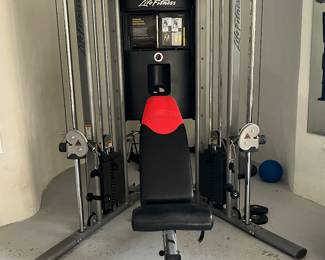 A BASEMENT GYM IS FULL OF EQUIPMENT INCLUDING THIS LIFE FITNESS SYSTEM