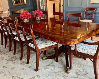 STUNNING CUSTOM MADE DINING TABLE AND 12 CHAIRS...TABLE IS 12' LONG (including two 24" leaves) X 4' WIDE. CHAIRS (1 needs repair) HAVE CUSTOM FABRIC FOR EASY CLEANUP.