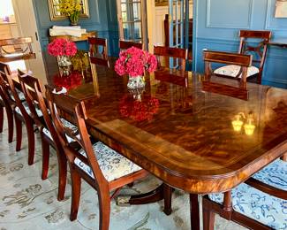 STUNNING DOUBLE PEDESTAL CUSTOM MADE DINING TABLE AND 10 CHAIRS...TABLE IS 12' LONG (including two 24" leaves) X 4' WIDE. CHAIRS (1 needs repair) HAVE CUSTOM FABRIC FOR EASY CLEANUP.