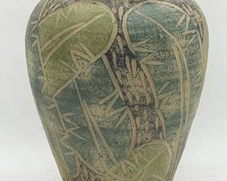 Vintage Pottery Vase With Leaf Motif
