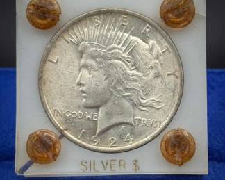 1924 Peace Silver Dollar – Encased Display, 90% Silver
