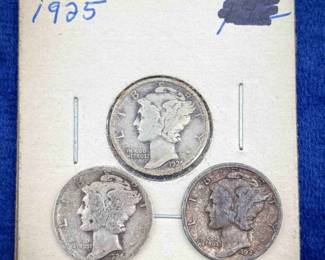 (3) Mercury Dimes – 1924 & 1925 – 90% Silver U.S. Coins
