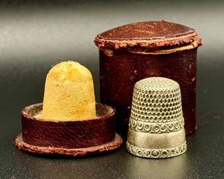 Antique Thimble & Stamped Leather Holder
