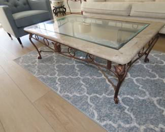 Glass/marble and iron coffee table with matching end tables.