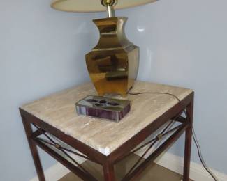 Two matching marble top/iron end tables.