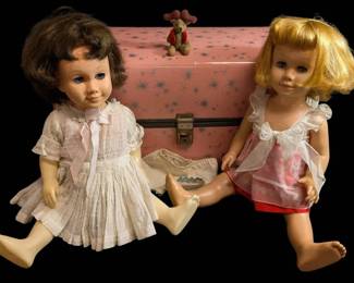 Two 1960 Chatty Cathy Dolls w Trunk