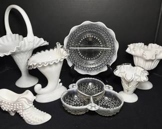 Fenton Silver Crest Milk Glass Cornucopia, Cat Head Slipper, Opalescent Hobnail Dishes, More