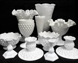 Fenton Ruffled Hobnail Milk Glass Vases, Compotes, More