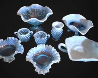 Fenton Blue Opalescent Hobnail Dishes, Water Lily Compote, More