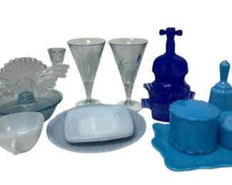 Blue Glassware, Plates, Candlestick, and More