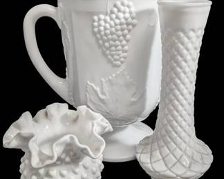 Fenton Ruffled Hobnail Vase, Diamond Quilted Vase Milk Glass Pitcher