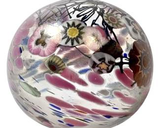 Iridescent Pink Floral Paperweight, Signed 
