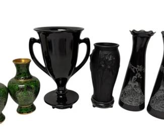 Green Cloisonn Enamel Dragon Vases and Black Vases