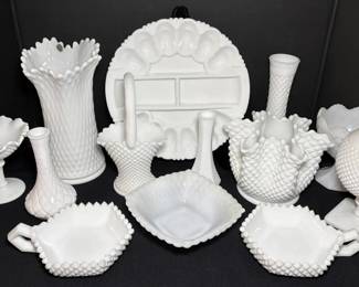 Westmoreland Quilted Diamond Swung Vase, Rose Bowl, Milk Glass Vases