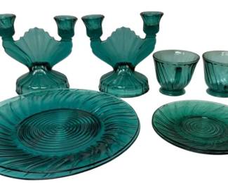 Jeanette Glass Ultramarine Swirl Candle Holders, Plates, Tea Cups, and Saucers