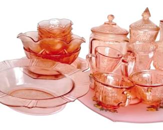 Pink Depression Glass Cookie Jar, Floral Etched Dishes More