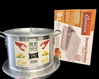 New 20 QT Stock Pot, Paella Pan, and Camerons Stovetop Smoker