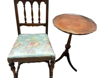 Wood Chair W Silk Fabric And Round Side Table