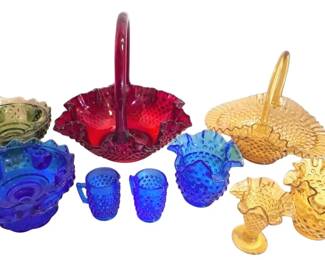 Fenton Large Hobnail Baskets, Ruffled Dishes, Candle Bowls, More